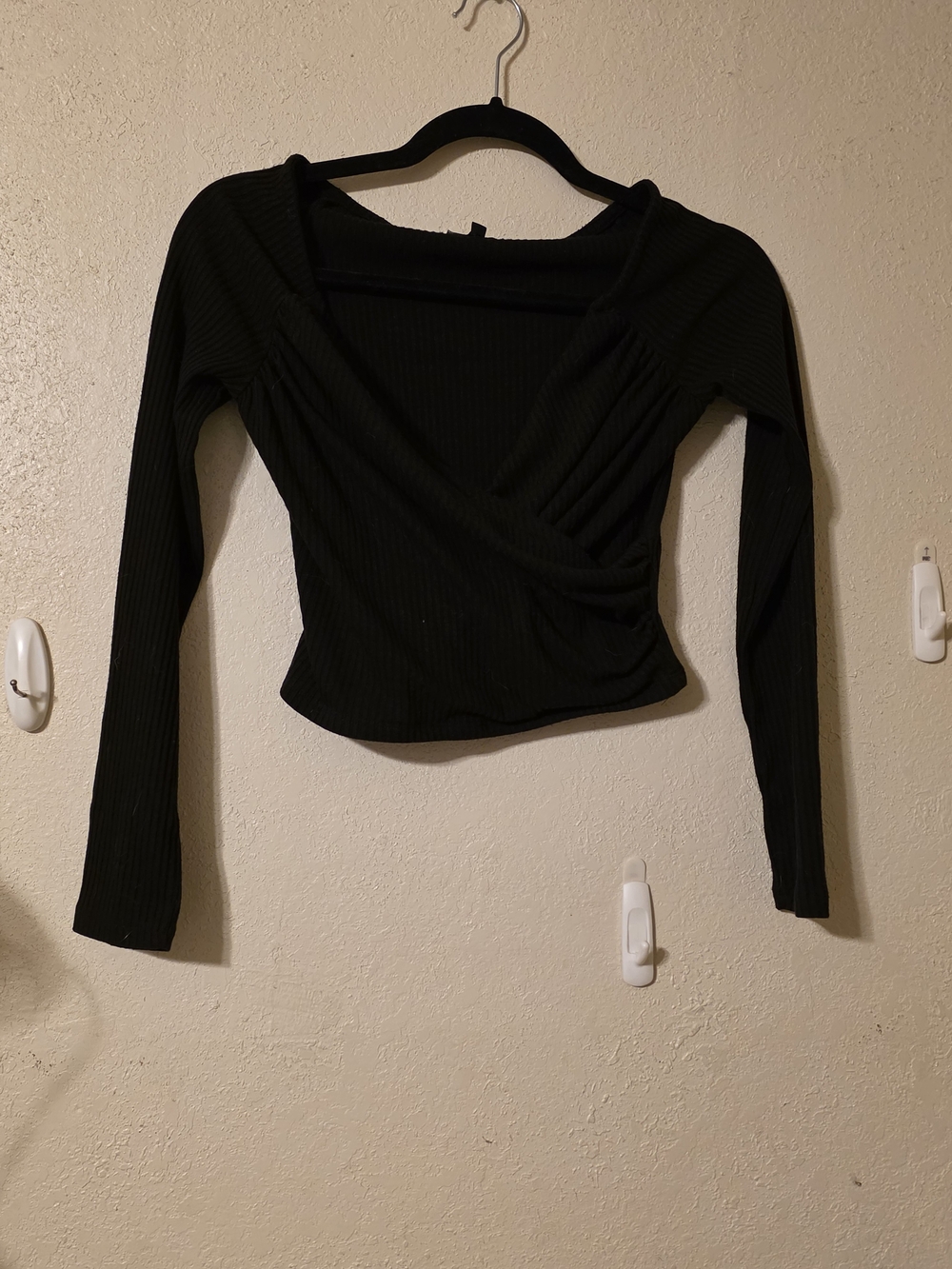 iris Black Ribbed Long-Sleeve Wrap Top